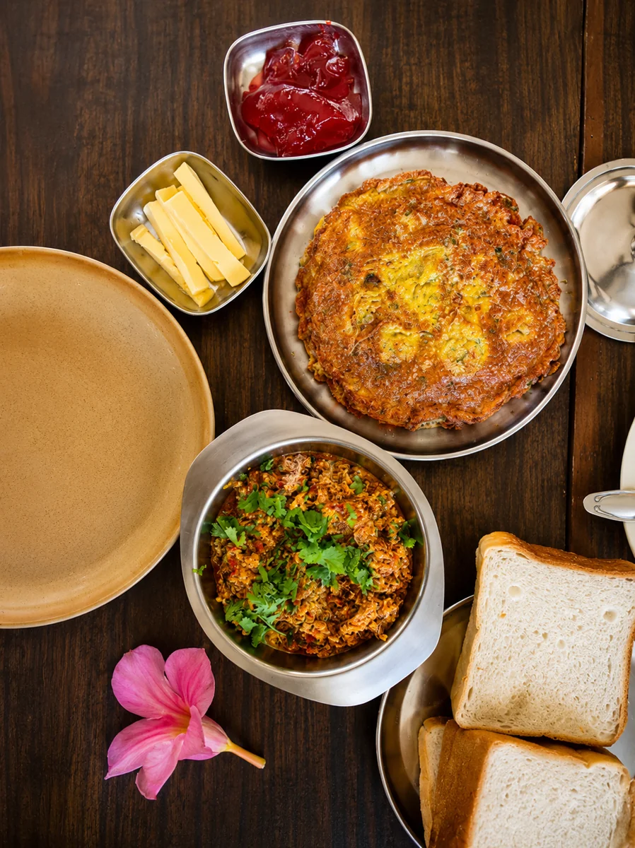 Traditional Parsi dishes served with bread, chutney, and accompaniments.