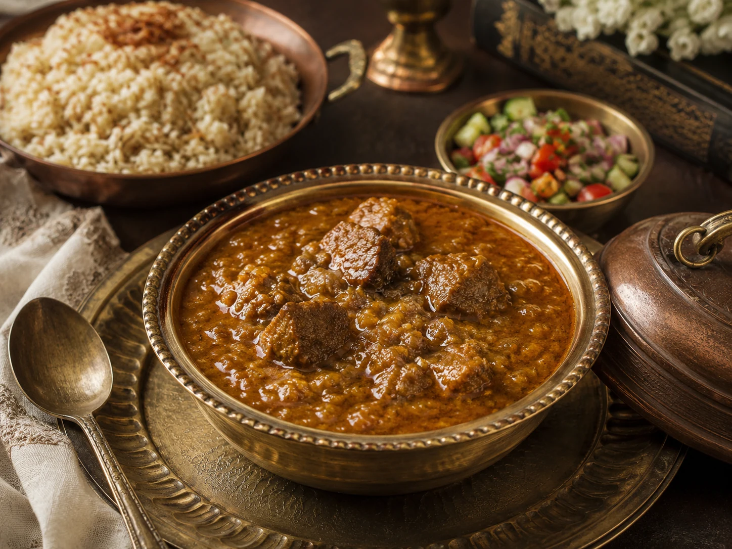 Heritage dhansak served in a brass bowl with rice and salad.