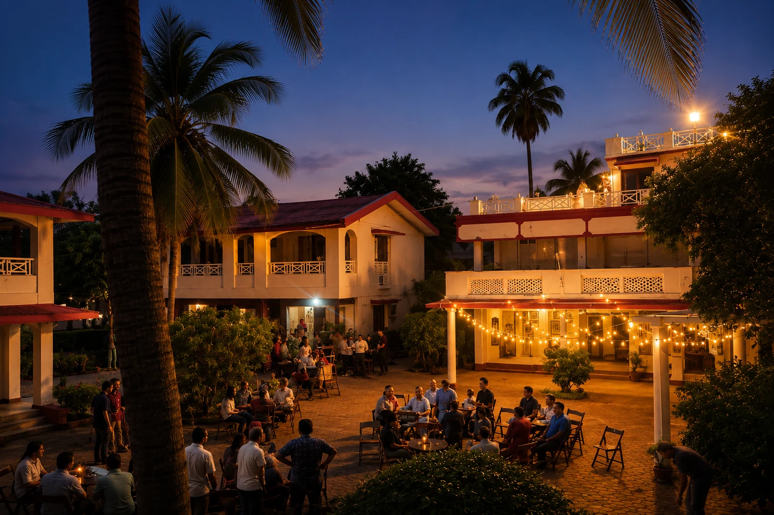 Guests gathering in Globe Hotel’s warmly lit courtyard at dusk.