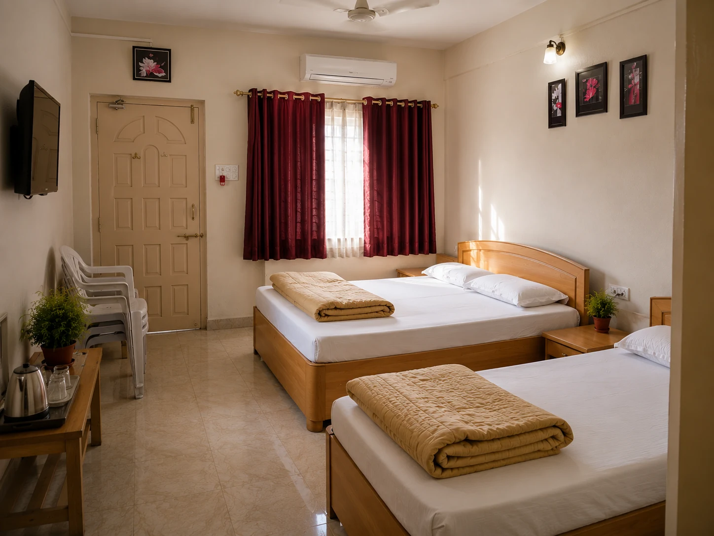 Heritage double room with a double bed, seating, and burgundy curtains.