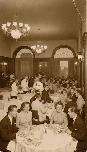 Black-and-white archival photograph of guests and staff in a banquet hall.