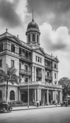 Black-and-white archival photograph of a colonial-era building.